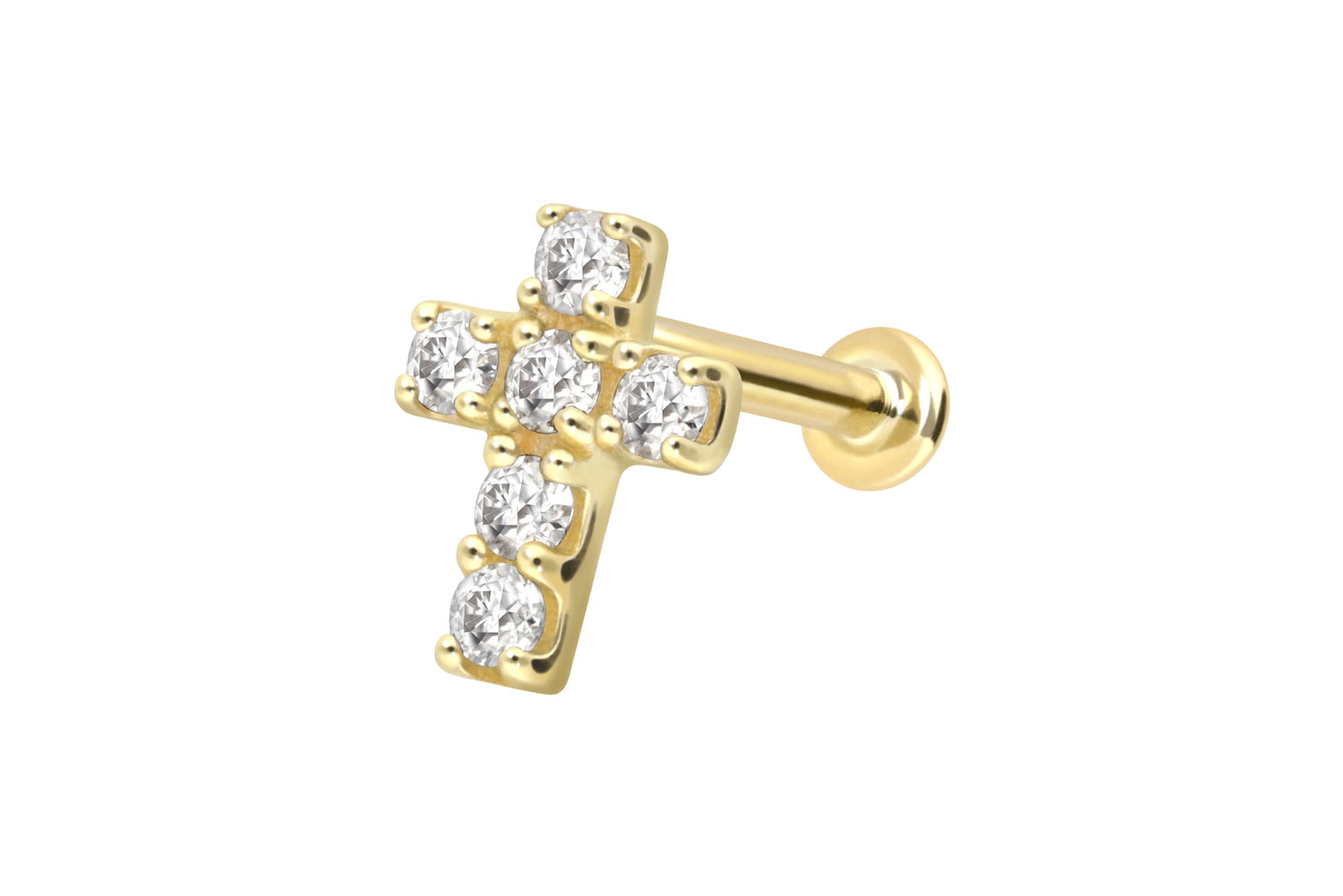 14 Karat Gold Labret Piercing mit Push Fit MOISSANIT-KREUZ